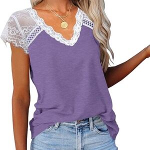 Women's Crochet Lace Basic T-Shirt Short Sleeve Loose Fitting Tunic Tank Size S